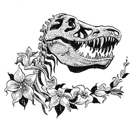 Naklejka premium T Rex skull and flowers. Ink black and white drawing