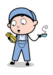 Holding a Book and Tea - Retro Repairman Cartoon Worker Vector Illustration