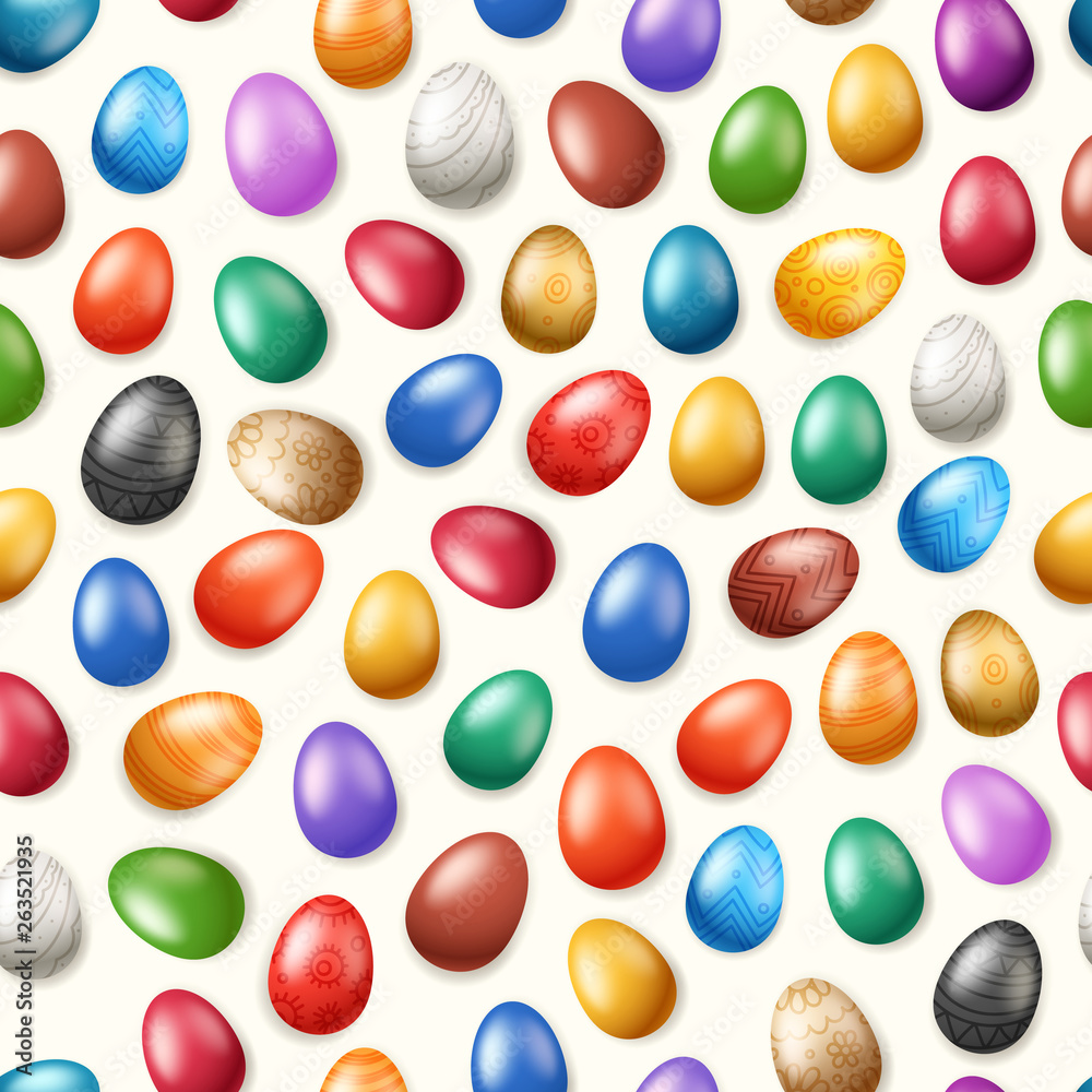 Poster vector seamless pattern with color easter eggs. easter holiday background for printing, wrap and wal
