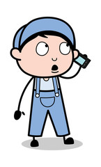 Doing Conversation on Call - Retro Repairman Cartoon Worker Vector Illustration
