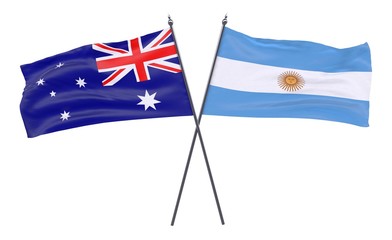 Australia and Argentina, two crossed flags isolated on white background. 3d image