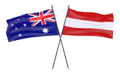 Australia and Austria, two crossed flags isolated on white background. 3d image