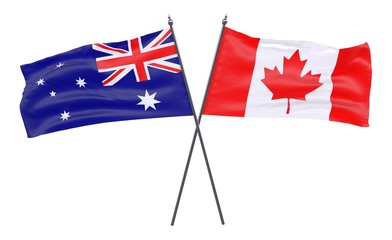 Australia and Canada, two crossed flags isolated on white background. 3d image