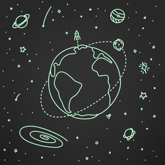 Doodle space elements vector illustration. Space background. Illustration with planets, stars and star ships