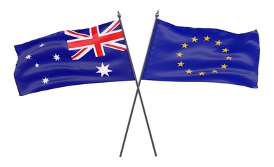 Australia and EU, two crossed flags isolated on white background. 3d image