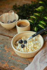 Breakfast, cottage cheese, coffee and more - concept. food background. top view