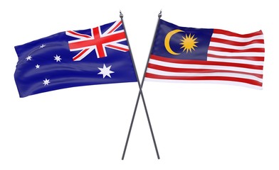 Australia and Malaysia, two crossed flags isolated on white background. 3d image