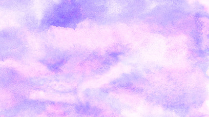 Bright purple and soft pink watercolor brush drawn background. Smooth grunge light pastel colors ink glow aquarelle smudge illustration. Paper textured pattern for vintage design, retro card template