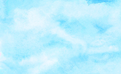 Creative wet ink effect sky blue color watercolor background. Light turquoise shades frame illustration. Grunge aquarelle painted paper textured canvas for vintage design, invitation card, template