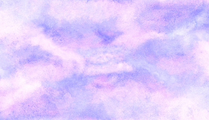Bright purple and soft pink watercolor brush drawn background. Smooth grunge light pastel colors ink glow aquarelle smudge illustration. Paper textured pattern for vintage design, retro card template