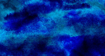Light blue neon watercolor on deep dark paper background. Vivid textured aquarelle painted lightning night sky and thunder storm, smoke texture illustration. Ink canvas for modern creative design