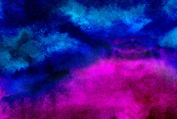 Cosmic creative neon watercolor on black paper background. Aquarelle vivid ink textured blue, pink and purple color canvas for creative design. Abstract bright vintage dark watercolour illustration