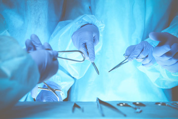 Fototapeta na wymiar Group of surgeons at work while operating at hospital, close-up of hands. Health care and veterinary concept
