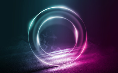 Empty background scene. Dark reflection of the street on the wet asphalt. Rays of neon light in the dark, neon figures, smoke. Night view of the street, the city. Abstract dark background.