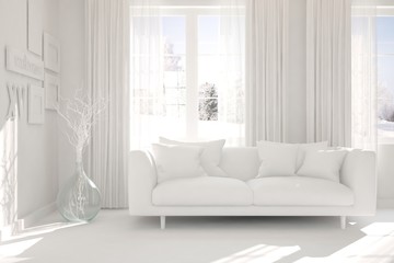 Mock up of stylish room in white color with sofa. Scandinavian interior design. 3D illustration