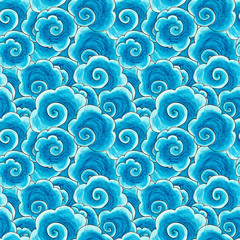 Blue waves ethnic seamless hand drawn pattern in Kerala mural style © Katya Suresh