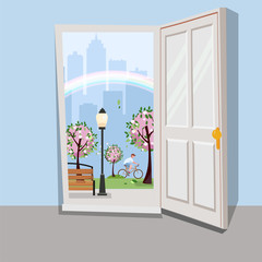 White door inside house with view of urban landscape.Outside blooming pink trees skyscrapers silhouettes and rainbow. Spring cityscape with bench, lantern and cyclist. Flat cartoon illustration