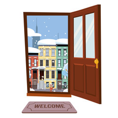 Open door into winter city starry night view with yellow trees. Door mat in room. Flat cartoon style illustration. Three-four-story uneven colorful houses, foliage. Street cityscape.