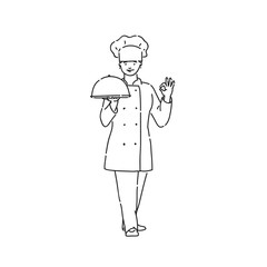 Chef cook woman in professional uniform with dish in hand showing thumbs OK sign. Line art style character vector black white isolated illustration.