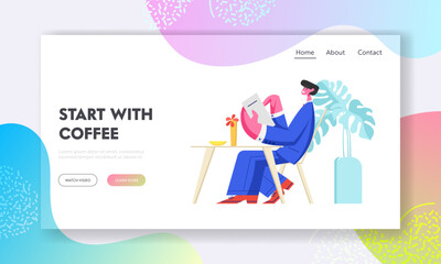 Man Visiting Cafe Sitting with Menu in Hands Making Order. Relaxing Male Character or Businessman Choose Meal in Restaurant. Website Landing Page, Web Page. Cartoon Flat Vector Illustration, Banner