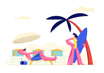 Young Couple Spending Vacation on Beach. Woman Going to Seaside with Surf Board, Man Relaxing on Chaise Lounge Taking Sun Bath. People Characters Summer Holidays Relax Cartoon Flat Vector Illustration