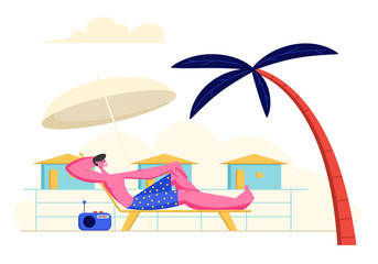 Obraz na płótnie Canvas Young Man Lounging and Listening Radio Music on Chaise Lounge under Sun Umbrella and Palm Tree on Sea Beach at Summer Time Vacation. Tourist Relaxing on Seaside Resort Cartoon Flat Vector Illustration