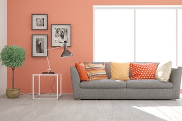 Stylish room in coral color with sofa. Scandinavian interior design. 3D illustration