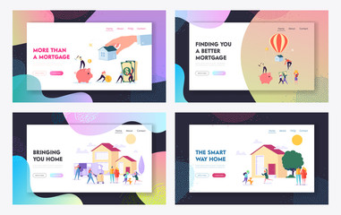 Mortgage and Buying House Concept Website Landing Page Templates Set. Borrower Making Payment for Real Estate Loan Agreement. Home Piggy Bank, Credit. Web Page Cartoon Flat Vector Illustration, Banner