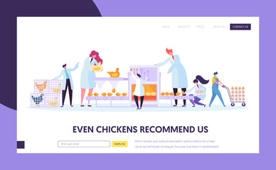 Chicken Poultry Production Factory Machine. Characters Making Egg Machinery Packing Process at Manufacture Line. Flowchart Equipment. Website Landing Web Page, Cartoon Flat Vector Illustration, Banner
