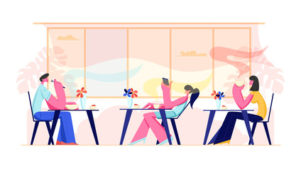 People Visiting Cafe and Hospitality Concept. Male and Female Characters Sitting at Tables Drinking Beverages, Eating Meal, Using Gadgets in Modern Restaurant Interior Cartoon Flat Vector Illustration