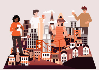 Illustration of tourists in city