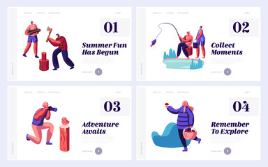 People Have Outdoors Active Rest at Nature Website Landing Page Templates Set. Male and Female Characters Hobby at Leisure Time, Fishing, Photography, Web Page Cartoon Flat Vector Illustration, Banner