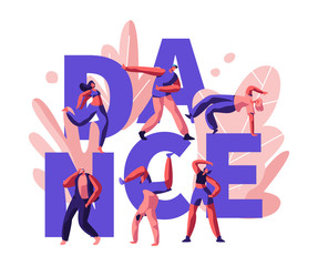 Happy People Clubbing and Dancing Disco. DJ Music Party. Young Men and Women Characters Dance at Nightclub, Nightlife Event Concept. Poster, Banner, Flyer, Brochure. Cartoon Flat Vector Illustration