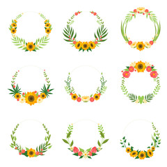 Floral Wreath with Sunflowers and Leaves Set, Circle Frames Borders with Place for Text, Design Element For Greeting Card, Invitation, Banner Vector Illustration