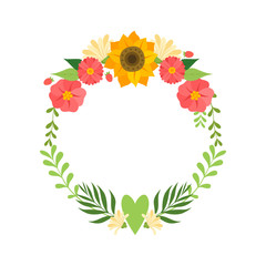 Floral Wreath with Bright Flowers, Circle Frame with Leaves, Sunflower and Place for Text, Design Element For Greeting Card, Invitation, Banner Vector Illustration