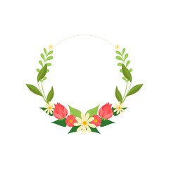 Floral Wreath Circle Frame with Blooming Flowers and Leaves