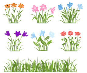 Spring and summer forest and garden flowers isolated on white vector set. Illustration of the nature of the flower and grass in spring and summer in the garden, lily, bell