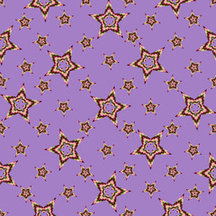 Seamless pattern of stars stacked of colored squares, on a bright purple background.