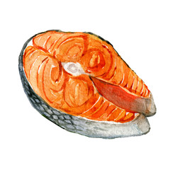 Salmon steak isolated on white background, watercolor illustration