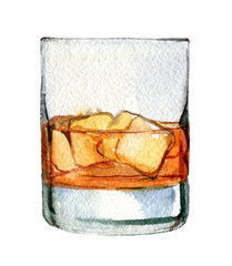 Whiskey with ice in a glass isolated on white background, watercolor illustration