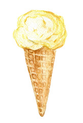 Yellow ice cream in the cone isolated on white background, watercolor illustration