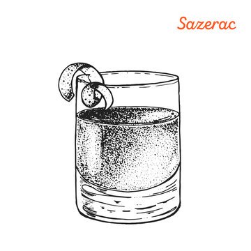 Sazerac cocktail illustration. Alcoholic cocktail hand drawn vector illustration. Sketch style.