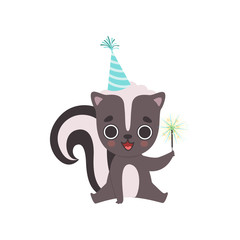 Cute Little Skunk Wearing Party Hat with Magic Wand, Adorable Baby Animal Cartoon Character Vector Illustration