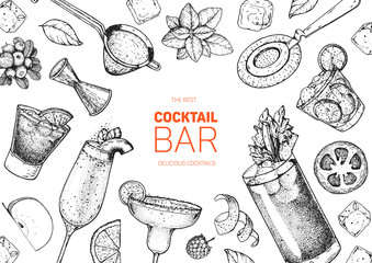 Alcoholic cocktails hand drawn vector illustration. Cocktails sketch set. Engraved style. Bar menu sketch elements. Negroni, bellini, margarita, bloody mary, caipiroska.