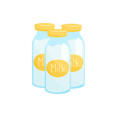 Three bottles of milk with yellow labels. Vector illustration.