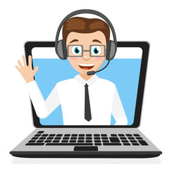 Operator in the headphones waving his hand from a laptop on a white background.