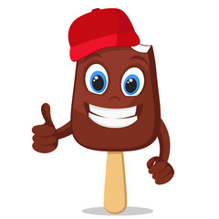 Chocolate ice cream on a stick smiles and shows a like on a white. Character.