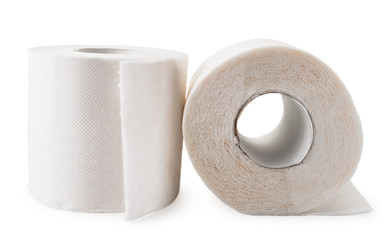 Two rolls of toilet paper close-up on a white. Isolated.