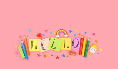children's school concept. School set with pencils and cute stationery, creative scene. Flat lay. trendy back to school, education, study concept. minimal kawaii style. design for festive background