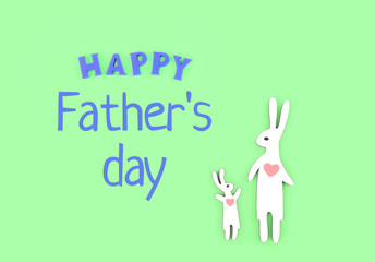 happy father's day, congratulations creative concept. toys Bunny family, dad and son on green background. beautiful children's greeting on father's day. top view